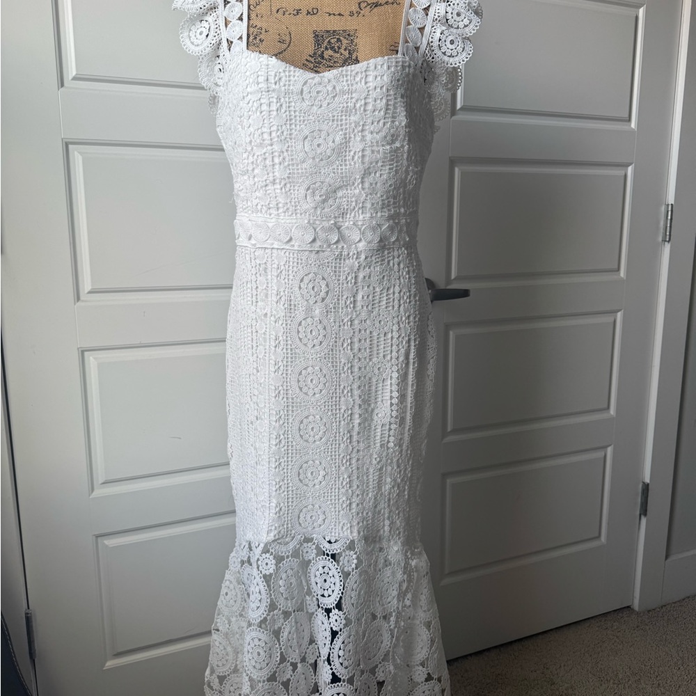 Lena Elegant White Crochet Midi Dress